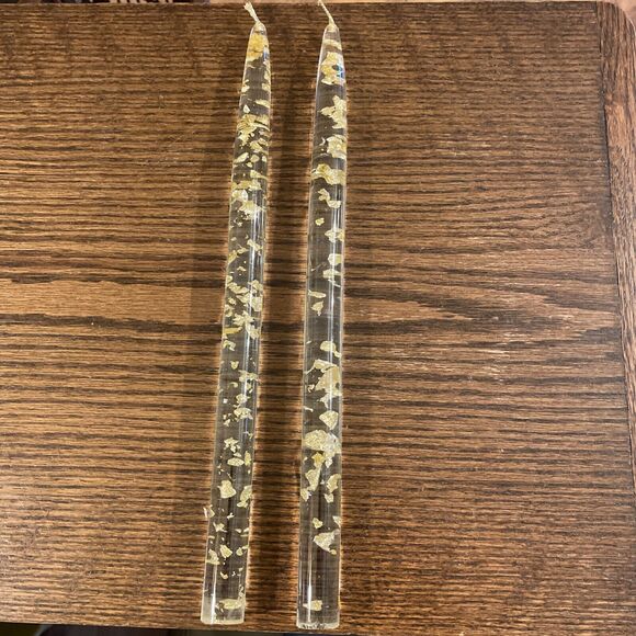 2 Vintage MCM Clear Lucite Acrylic Candles Gold Flakes 12” Pair - Picture 1 of 6